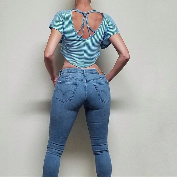 VINTAGE Retro Y2K Self Esteem Love Rules Blue Striped Strappy Back Cropped Tee - Picture 3 of 11